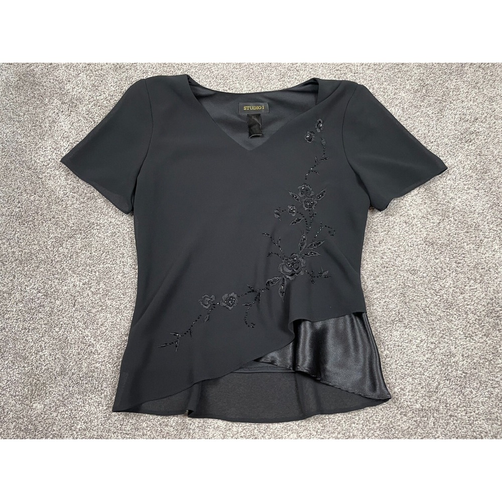 Vintage Stuido I Shirt Womens 12 Black Beaded Satin Chiffon Fairy Whimsigoth Top